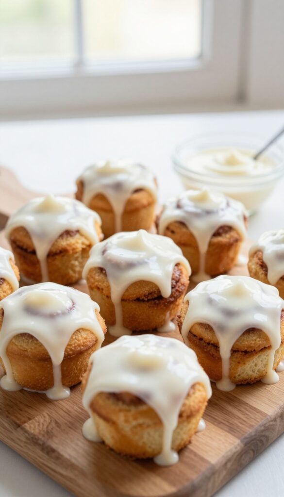 Cinnamon roll bites with cream cheese glaze in a mini muffin tin and on a wooden board.
