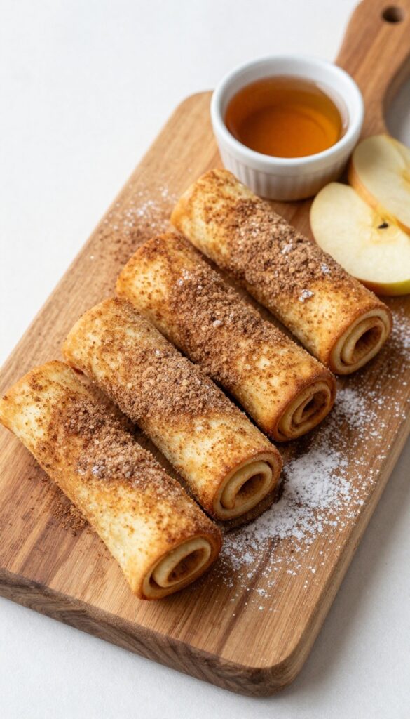 Apple cinnamon French toast roll-ups on a wooden board with maple syrup dip