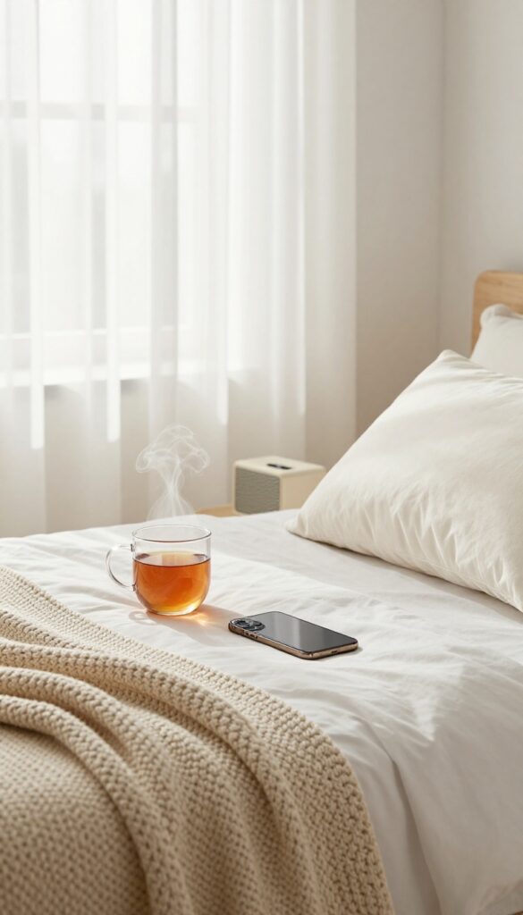 Cozy bedroom with smartphone, speaker, tea, and soft lighting for a calming playlist or podcast.
