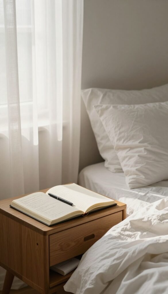 A person writing in a notebook on a nightstand, then folding the paper and placing it in a drawer, symbolizing letting go of worries.