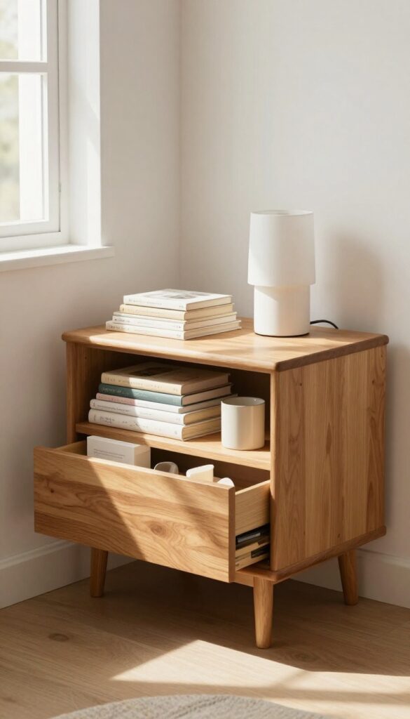 A cozy bedroom nightstand being decluttered with books and a lamp, bathed in natural sunlight.