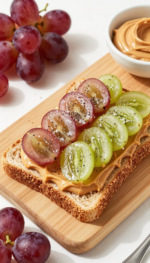 Grape and almond butter toast on a wooden board with extra grapes and almond butter nearby.