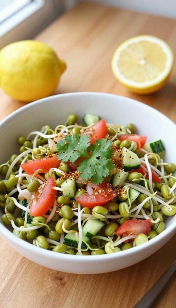 Sprouted mung bean salad in a white bowl with fresh vegetables and lemon on a wooden table.
