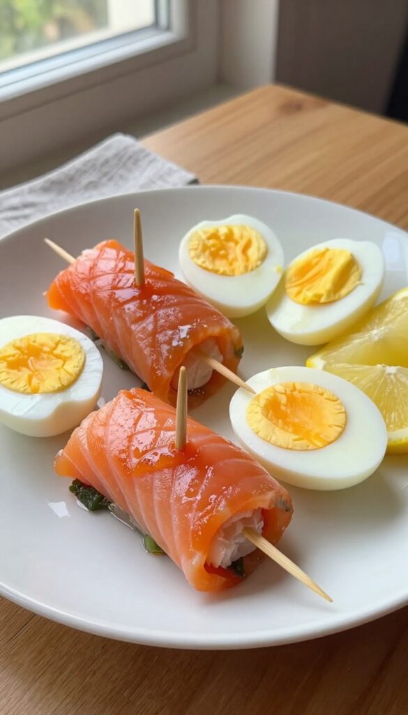 Smoked salmon roll-ups with hard-boiled egg wedges and lemon on a plate