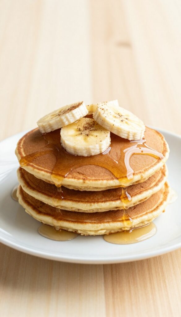 Stack of banana oat pancakes with maple syrup and banana slices on a white plate