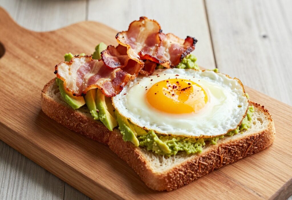 Avocado toast with fried egg and bacon on rustic bread