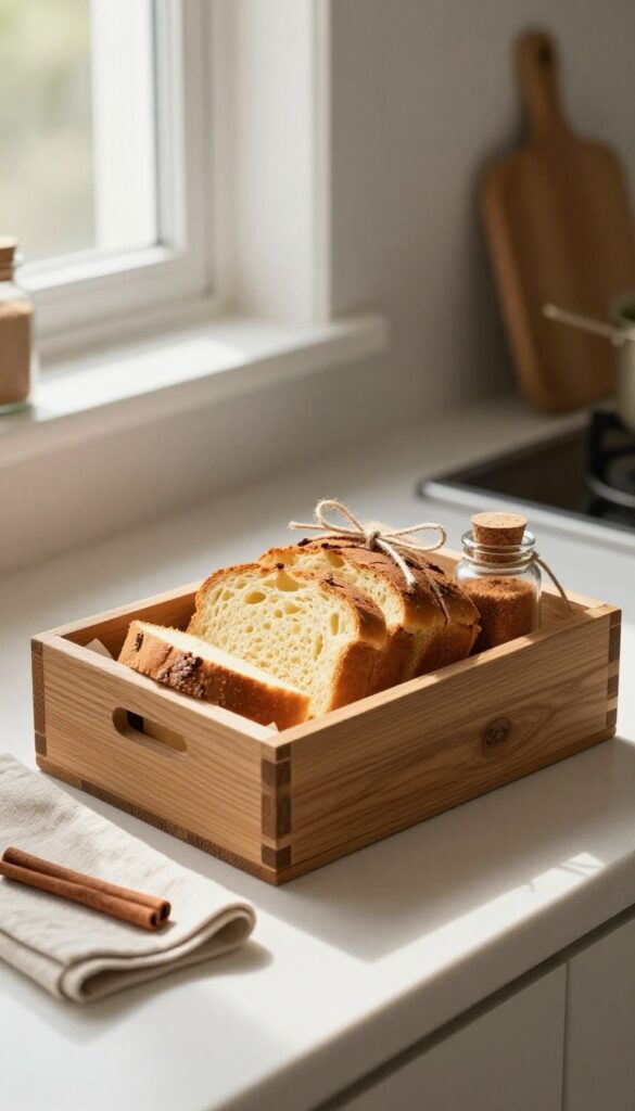 Gourmet French toast gift caddy with brioche, cinnamon sugar, and vanilla extract in a rustic wooden box