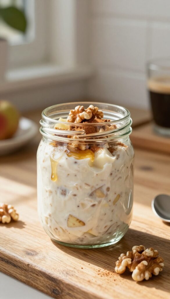 Apple cinnamon overnight oats in a glass jar with walnuts and cinnamon on top, on a wooden table in morning light.