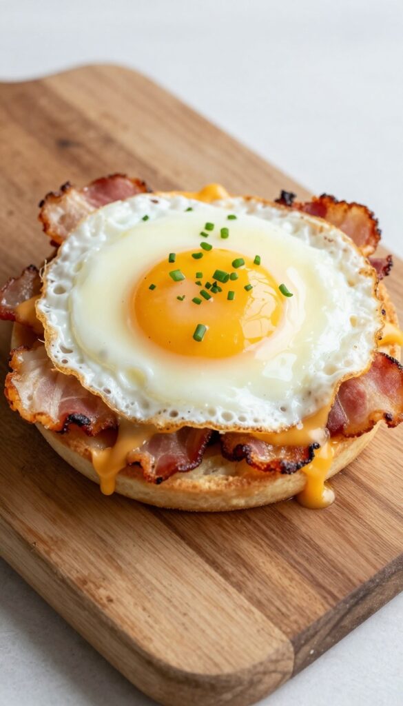 Cheesy bacon and egg cup on a wooden board