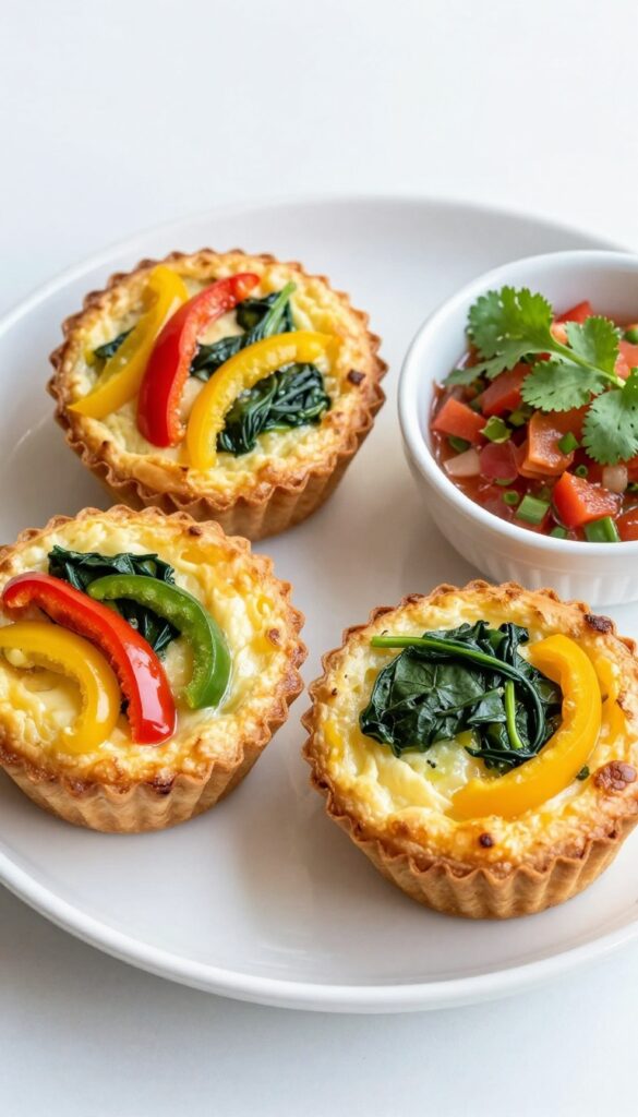 Veggie-packed egg muffins on a plate with salsa, bright natural light