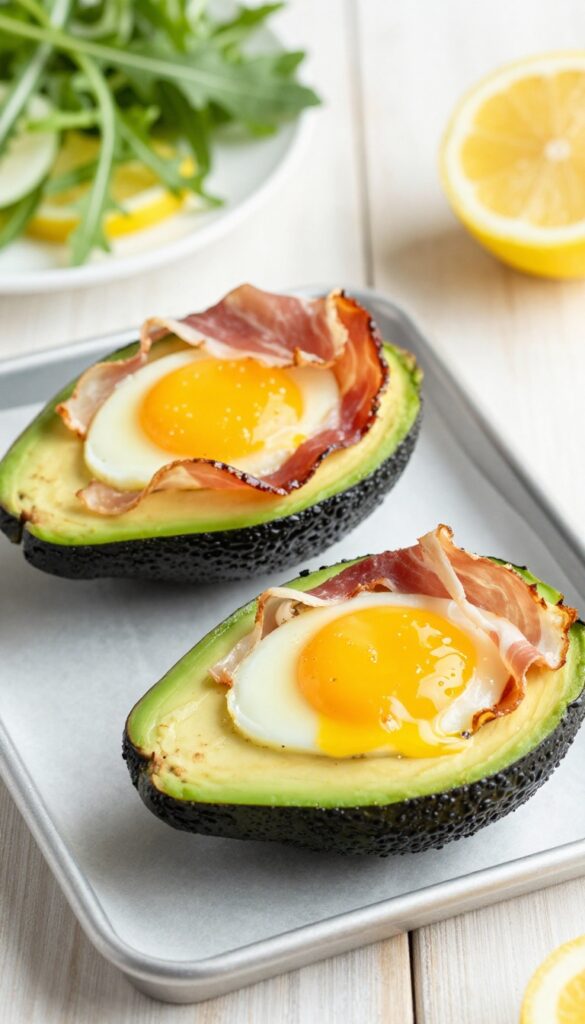 Baked eggs in avocado halves topped with crispy prosciutto on a baking sheet, with a side salad.