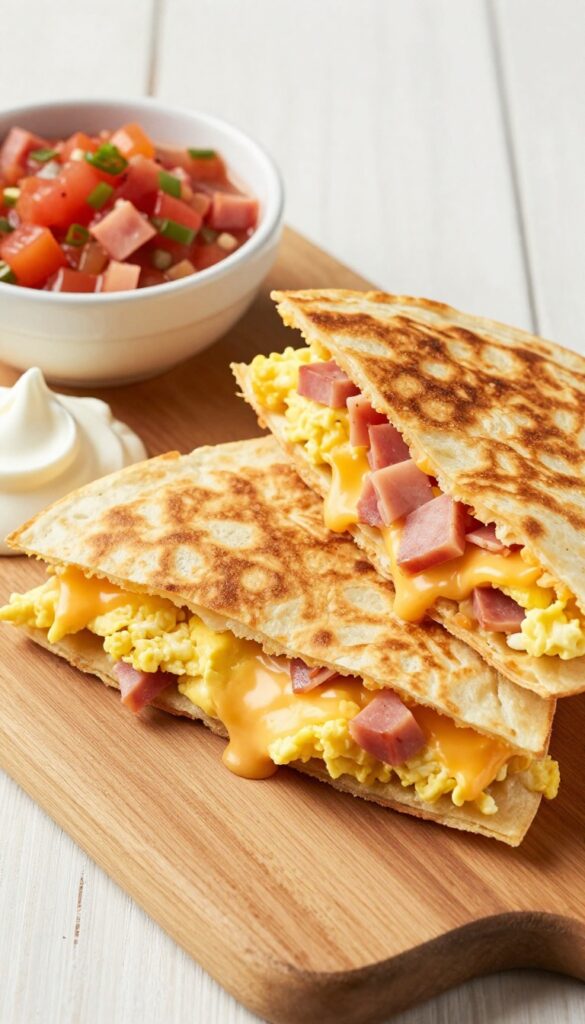 Breakfast quesadilla wedges with ham, cheese, and eggs on a wooden board with salsa and sour cream