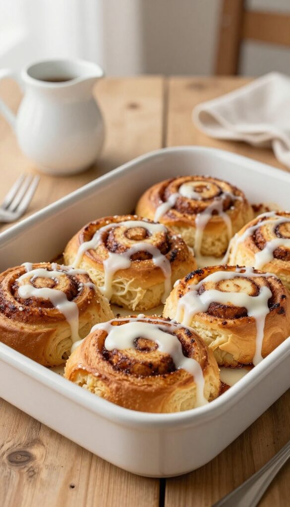 Cinnamon roll French toast casserole with cream cheese glaze in a baking dish on a wooden table, soft morning light.
