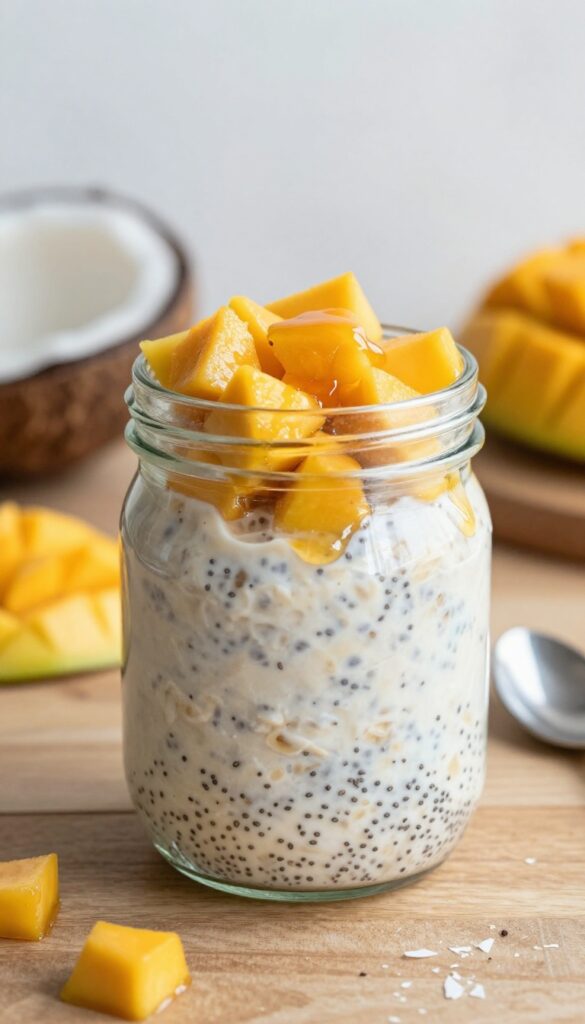 Overnight oats with chia and mango in a glass jar on a wooden table