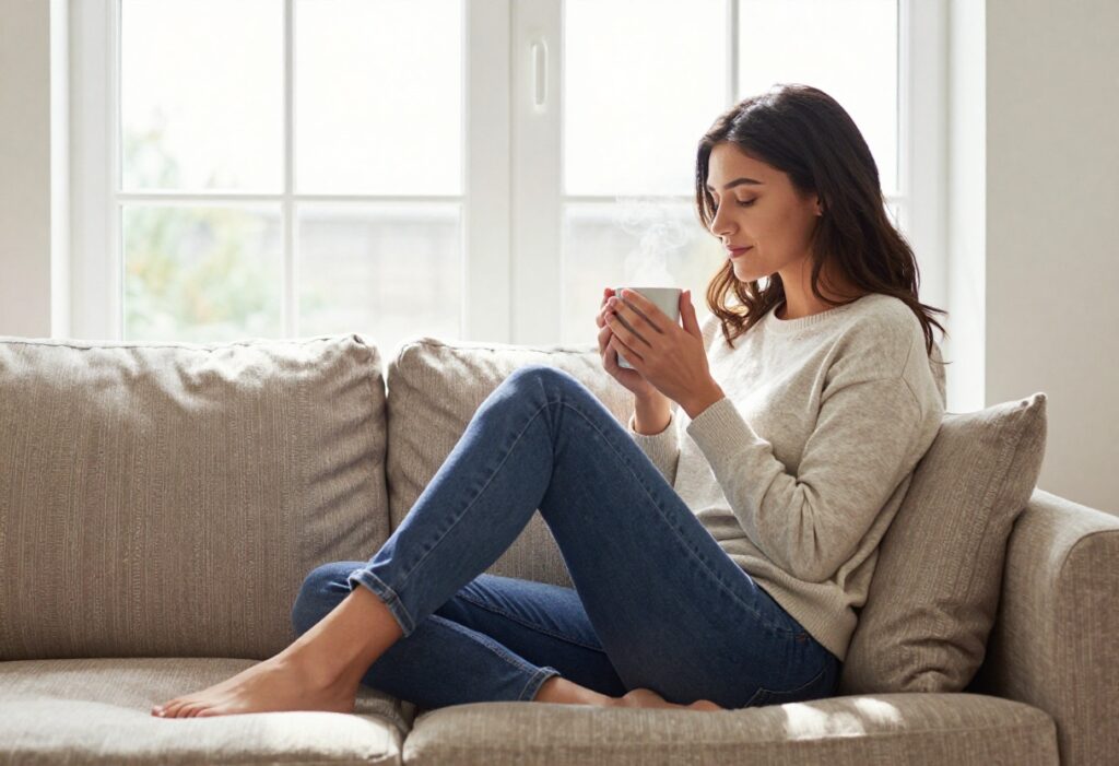 Woman relaxing on couch with a warm drink in soft light