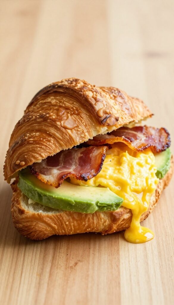 Bacon, egg, and avocado croissant sandwich held in hand, showing flaky pastry and fresh ingredients.