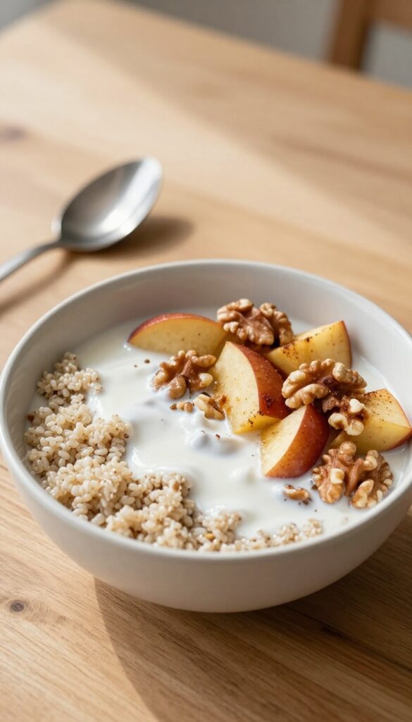 Apple cinnamon quinoa breakfast bowl with walnuts and coconut milk drizzle