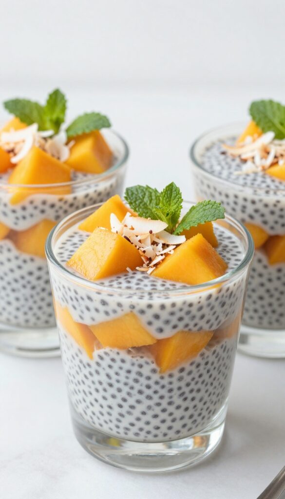 Chia seed pudding parfaits in shot glasses with mango and coconut flakes on marble countertop