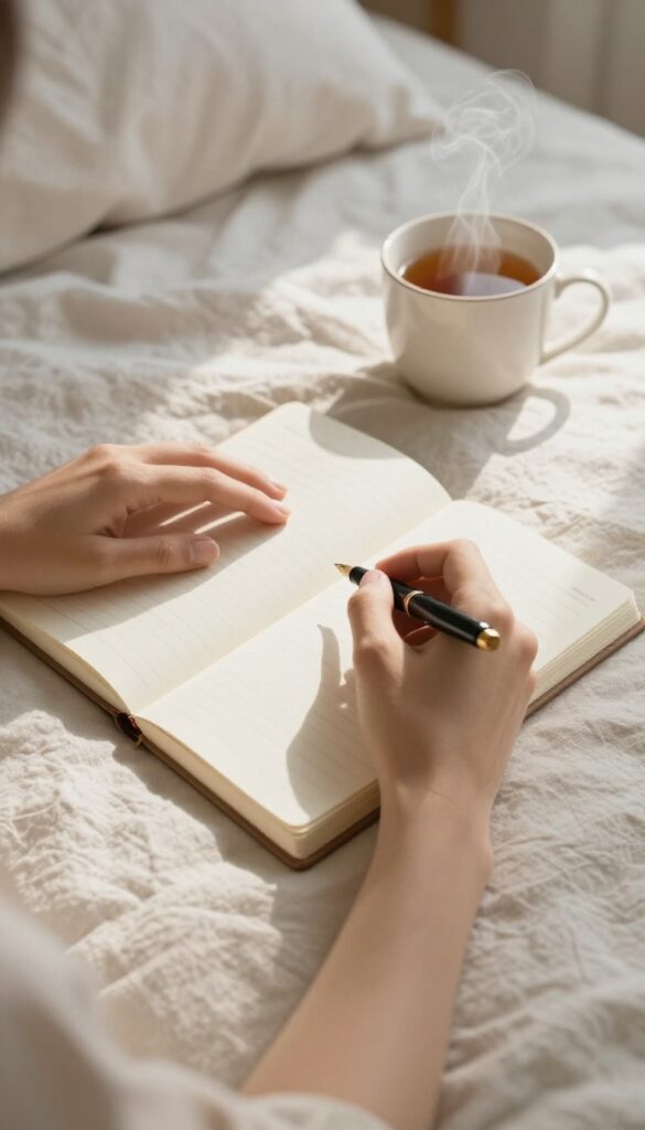 Woman writing intention in notebook during a cozy morning routine