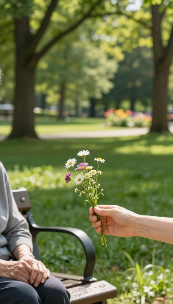 A person giving a bouquet of wildflowers to an elderly woman on a park bench, symbolizing a small act of kindness.