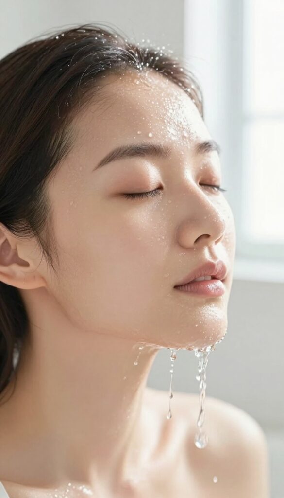Woman splashing cold water on her face for a refreshing self-care reset