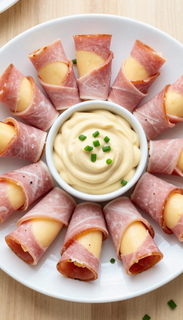 Ham and cheese roll-up pinwheels on a plate with honey mustard dip.