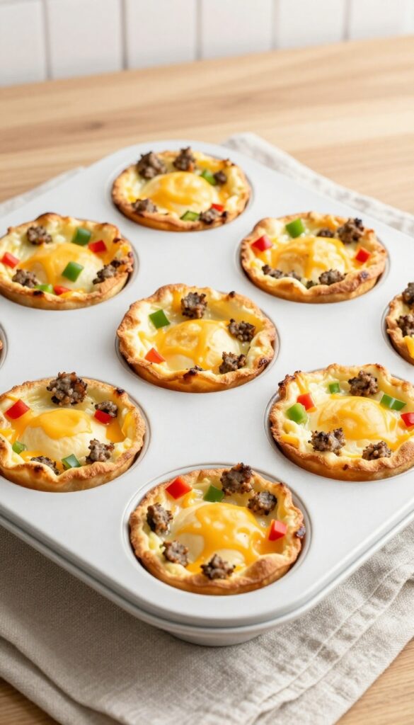 Savory sausage and egg cups baked in a muffin tin, with melted cheese and bell peppers, on a wooden table.