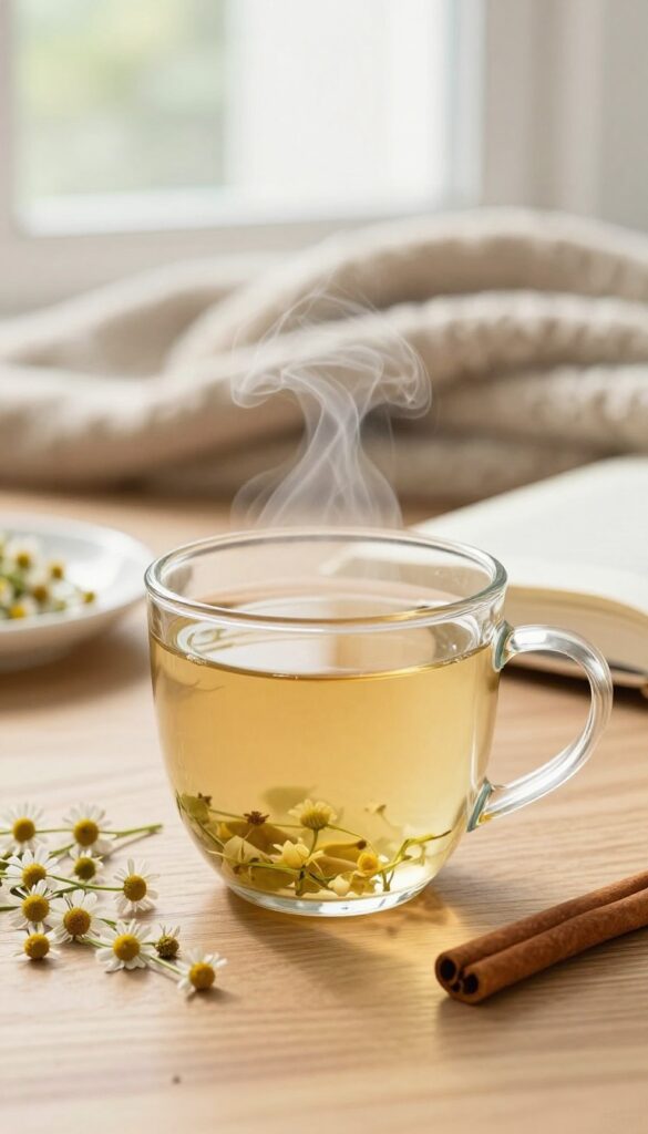 A warm mug of herbal tea on a wooden table with chamomile flowers and cinnamon stick, cozy evening ambiance.
