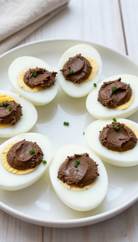 Hard-boiled egg rounds topped with chicken liver pâté on a white plate, garnished with chives.