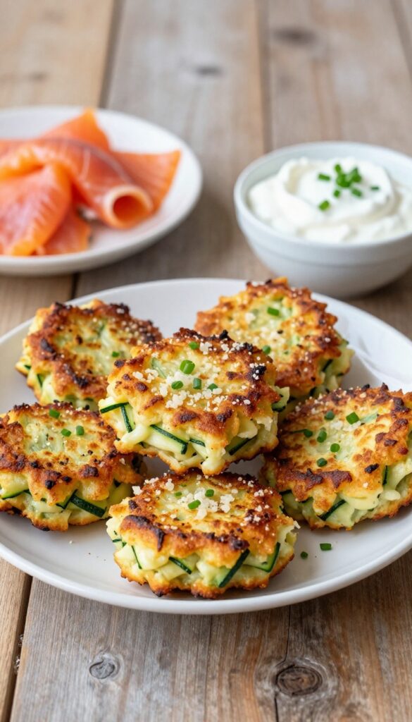 Crispy zucchini and Parmesan fritters with Greek yogurt and chives on a wooden table.