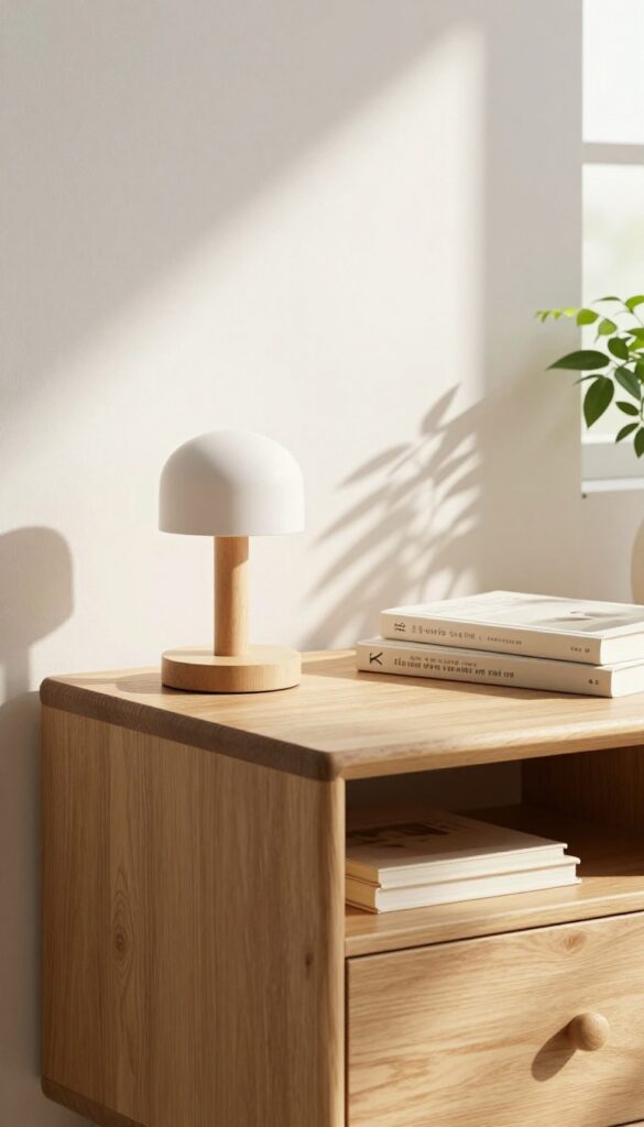 A tidy nightstand with a lamp, book, and plant in warm morning light, representing daily decluttering for mental clarity.