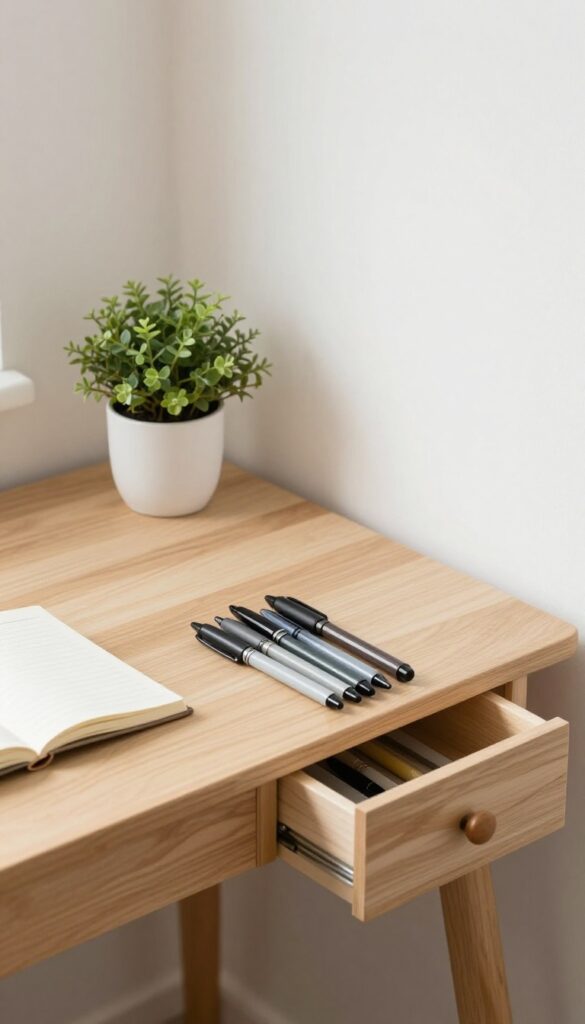 A clean, organized desk drawer with neatly arranged items, symbolizing decluttering a small space for mental clarity.