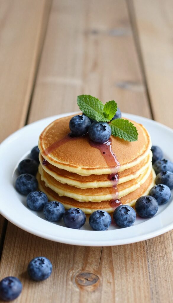 Stack of lemon ricotta pancakes with blueberry compote on a wooden table