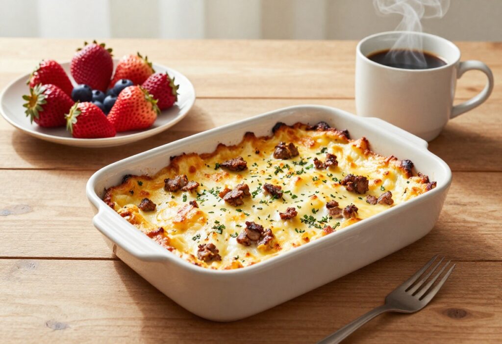 Golden-brown breakfast casserole with cheese and sausage in a ceramic dish on a wooden table, with fruit and coffee.