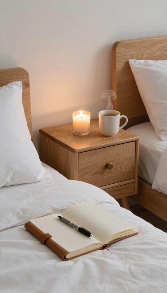 Cozy bedroom with journal, pen, tea, and candle for a brain dump self-care night routine.