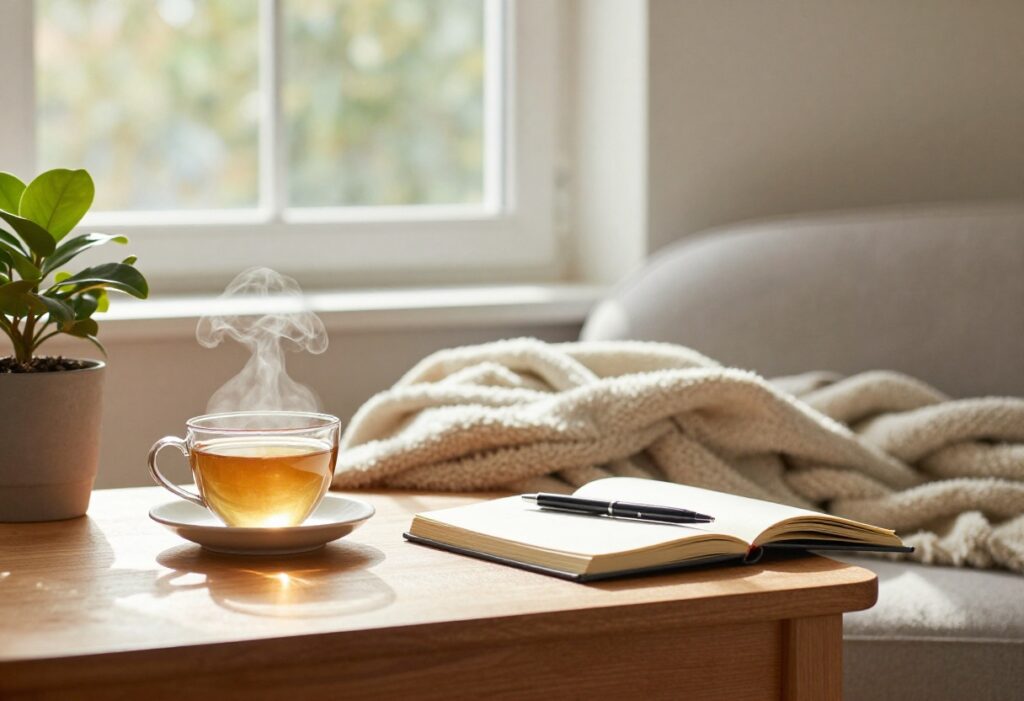 Cozy self-care setup with tea, journal, and plants in a sunlit room