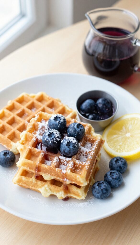 Lemon ricotta waffles topped with blueberry syrup and fresh blueberries on a white plate