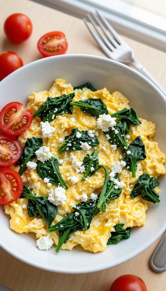 Spinach and feta egg white scramble in a bowl with cherry tomatoes on a wooden table