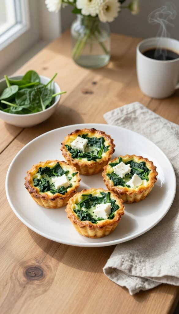 Spinach and feta egg muffins on a plate in a cozy breakfast nook