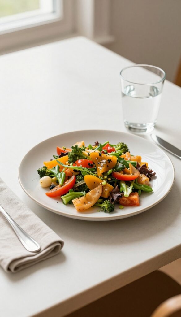 A calm screen-free meal setting with a plate of colorful food on a wooden table, natural light, no electronics.