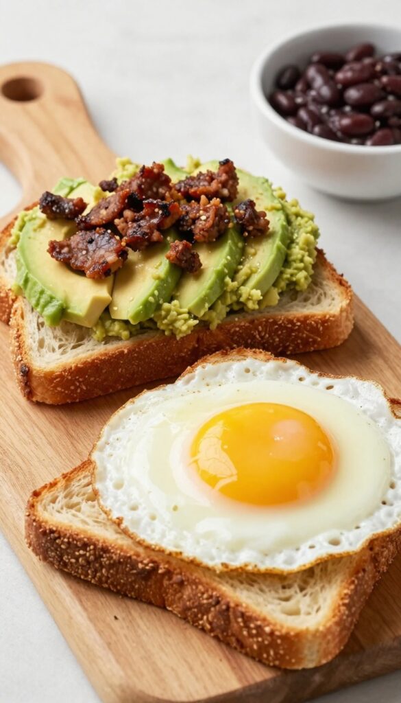 Chorizo and fried egg avocado toast on sourdough, with refried beans on the side.