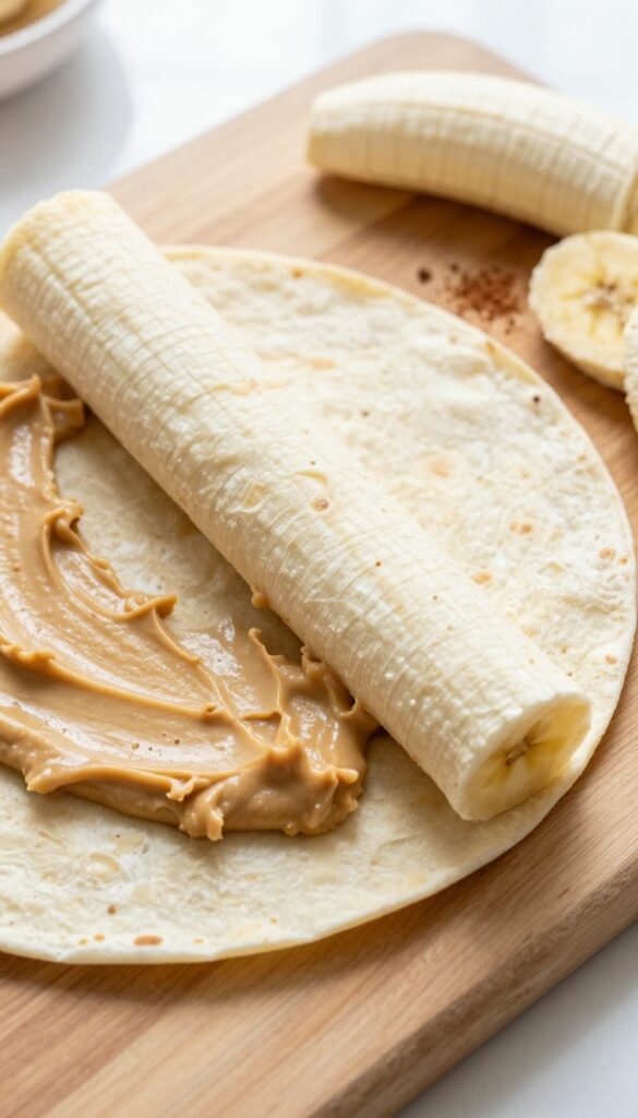 Peanut butter spread on a tortilla with a banana ready to roll into a toddler breakfast roll-up