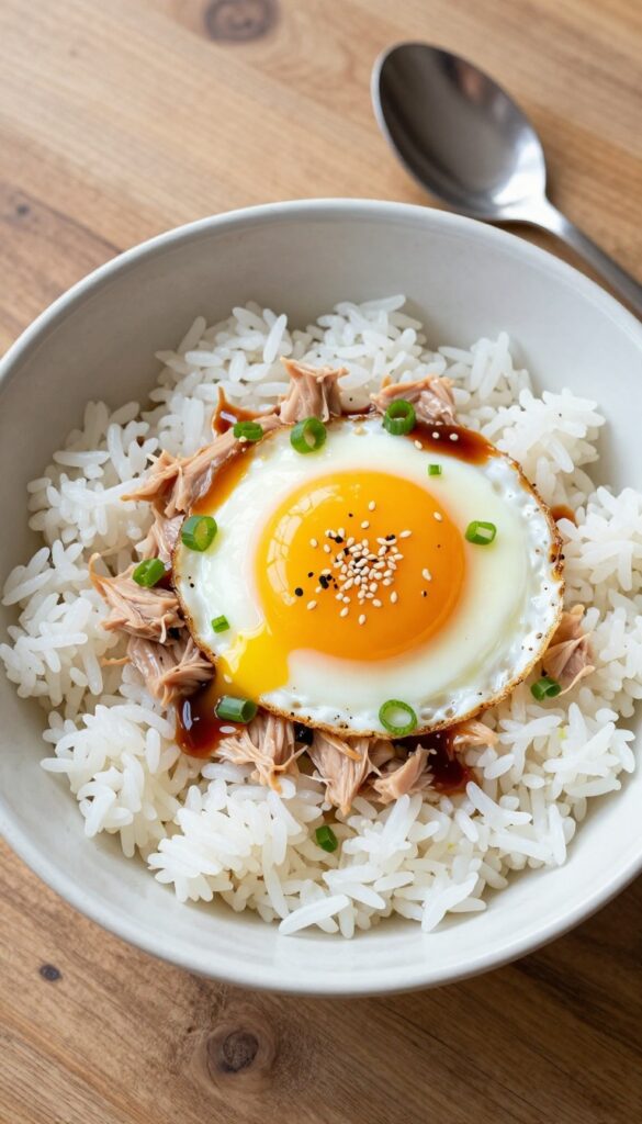 Tuna and rice breakfast bowl with egg and soy sauce