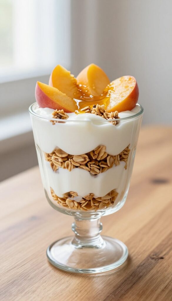 Yogurt parfait with granola and canned peaches in a glass cup on a wooden desk