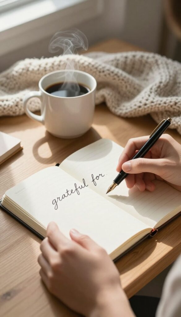 Hands writing in a gratitude journal with coffee and blanket nearby