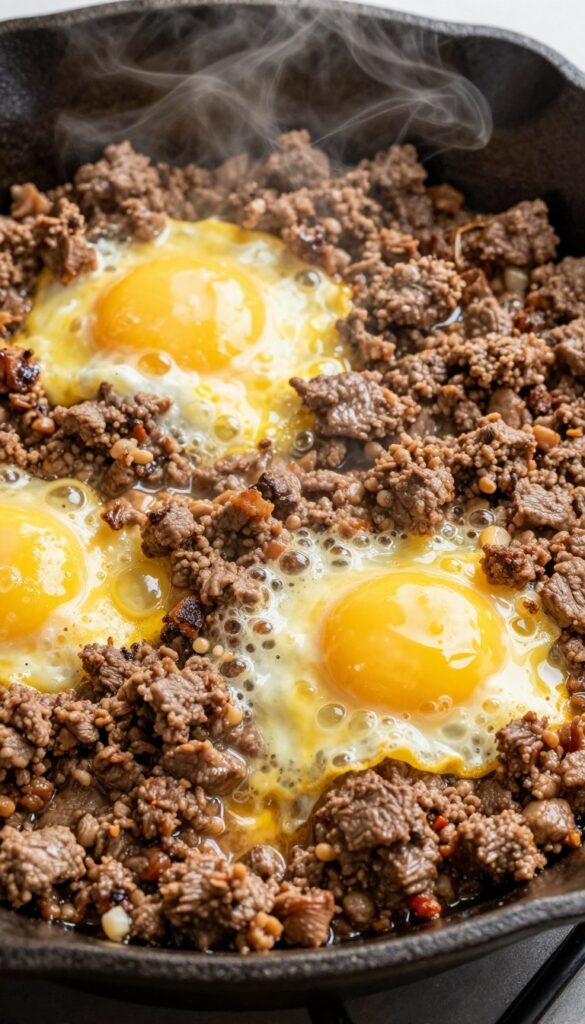 Ground beef and egg scramble in a cast iron skillet