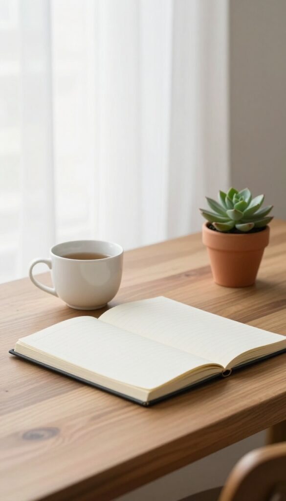 Open notebook on a desk with tea and succulent, minimalist and calm