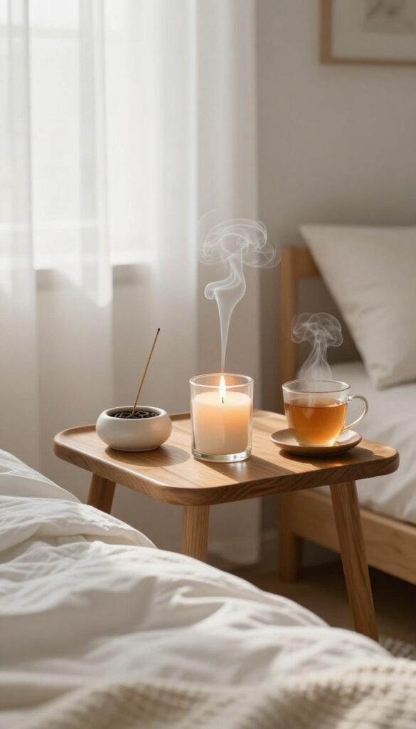 A slow morning self-care ritual with a lit candle and incense on a nightstand in a cozy bedroom