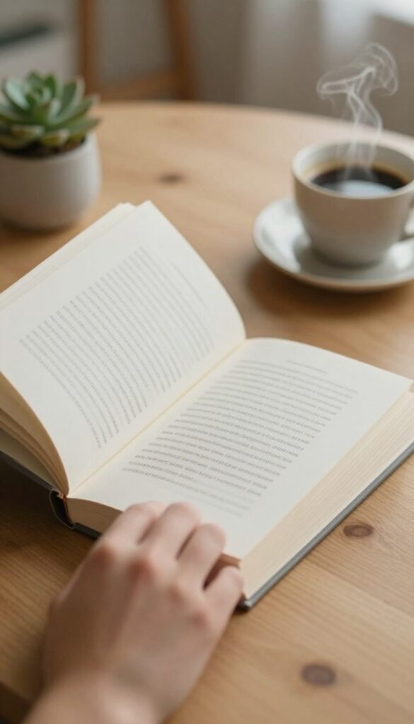 Woman reading one page of a non-work book on a desk with coffee and succulent