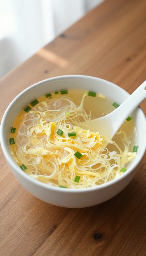Steaming bowl of egg drop soup with egg ribbons and green onions on a wooden table